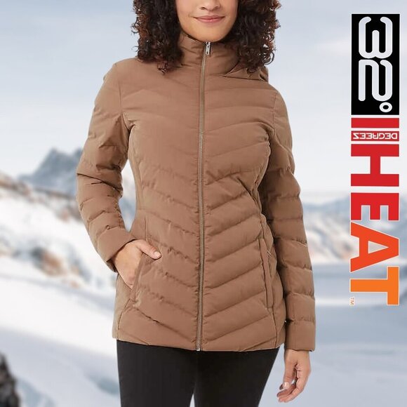 32 Degrees | Ladies' Power Stretch Hooded Jacket | Puffer | Cognac | NWT - Picture 1 of 14